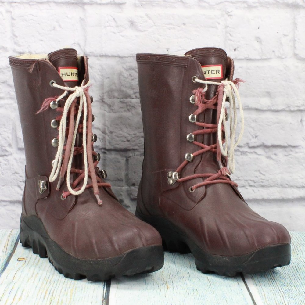 *Hunter Maroon Vibram Sole Shearling Insulated Rubber Rain Boots Size 10 Inches - Picture 3 of 9